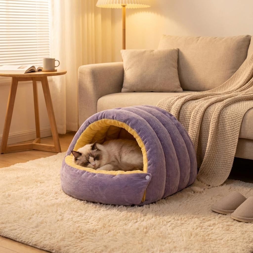 Warm Arctic Fleece Enclosed Cat Cave Bed lifestyle